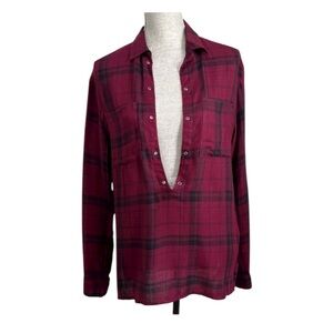 Nasty Gal Plaid Flannel Deep V Popover Blouse Top Small Grommet Fall Cozy